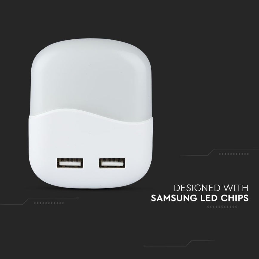 Luz LED noturna com sensor de anoitecer 2xUSB LED/0,45W/230V 3000K