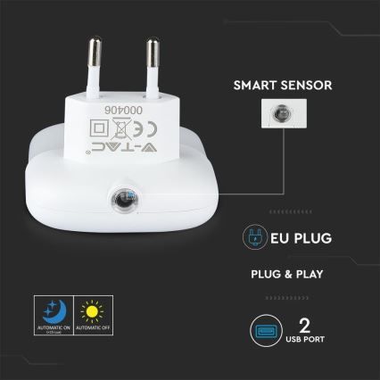 Luz LED noturna com sensor de anoitecer 2xUSB LED/0,45W/230V 3000K