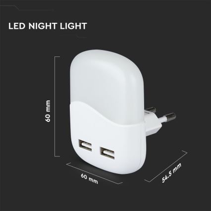 Luz LED noturna com sensor de anoitecer 2xUSB LED/0,45W/230V 3000K