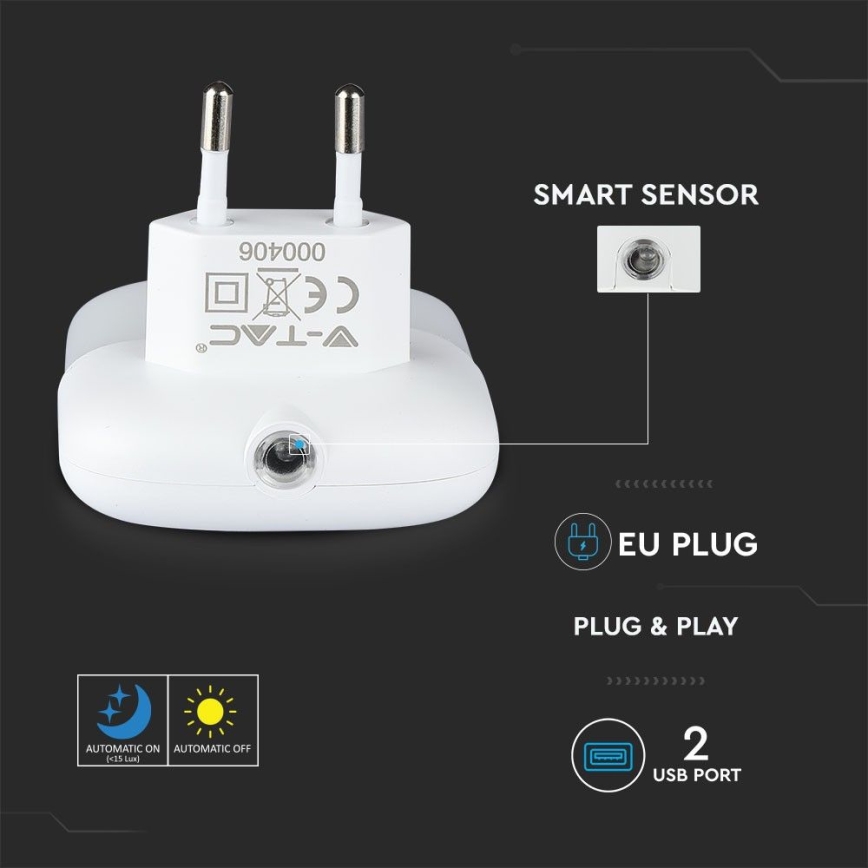Luz LED noturna com sensor de anoitecer 2xUSB LED/0,45W/230V 4000K