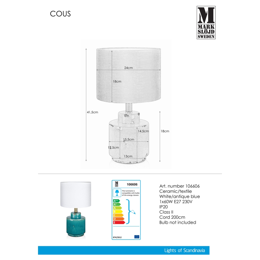Markslöjd 106606 - Lâmpada de mesa COUS 1xE27/60W/230V