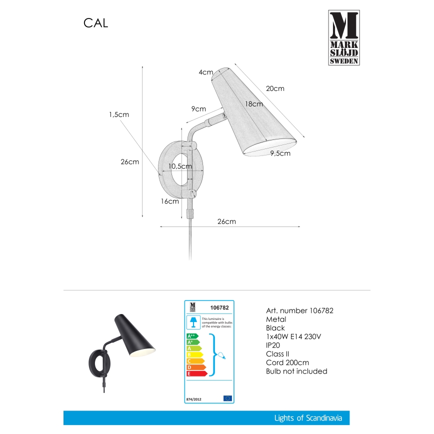 Markslöjd 106782 - Luz de parede CAL 1xE14/40W/230V