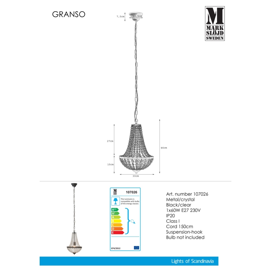 Markslöjd 107026 - Candelabro de cristal de corrente GRÄNSÖ 1xE27/60W/230V