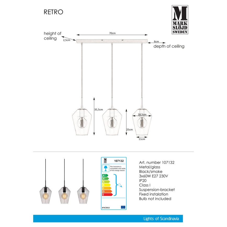 Markslöjd 107132 - Candelabro num fio RETRO 3xE27/60W/230V