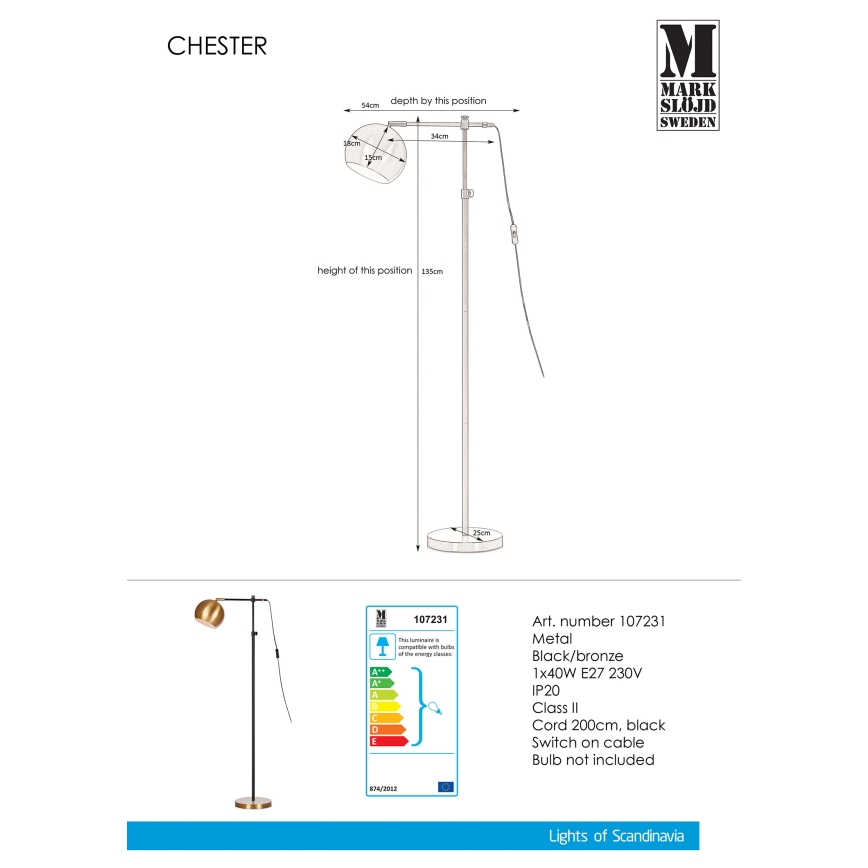 Markslöjd 107231 - Luminária de piso CHESTER 1xE27/40W/230V
