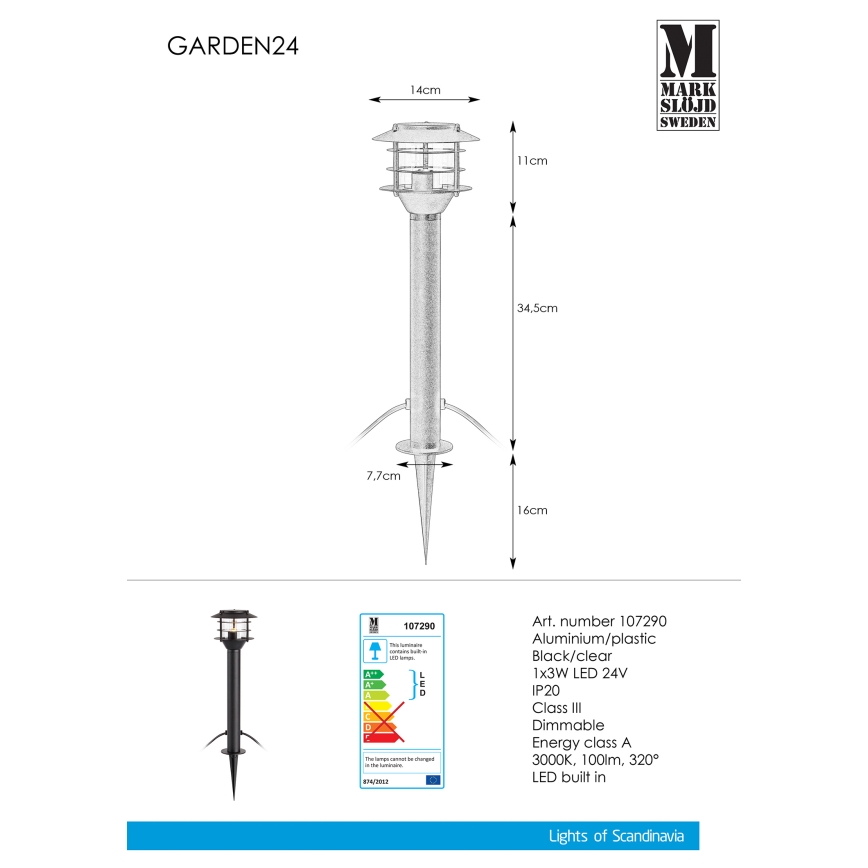 Markslöjd 107290 - Candeeiro exterior LED GARDEN 24 LED/3W/24V 45 cm IP44 preto