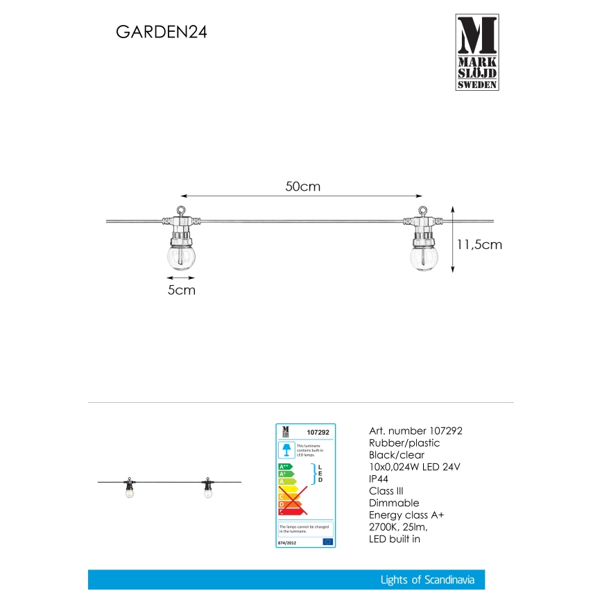 Markslöjd 107292 - Corrente decorativa para exterior LED GRINALDA GARDEN 10xLED 5,5m IP44