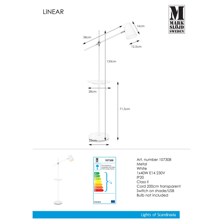 Markslöjd 107308 - Luminária de piso s USB LINEAR 1xE14/40W/230V
