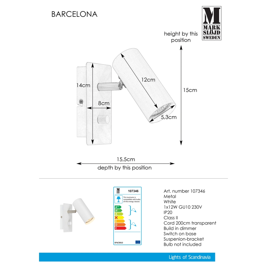 Markslöjd 107346 - Refletor de parede com regulação BARCELONA 1xGU10/12W/230