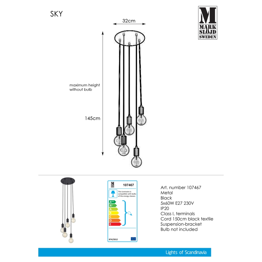 Markslöjd 107467 - Candelabro num fio SKY 5xE27/60W/230V