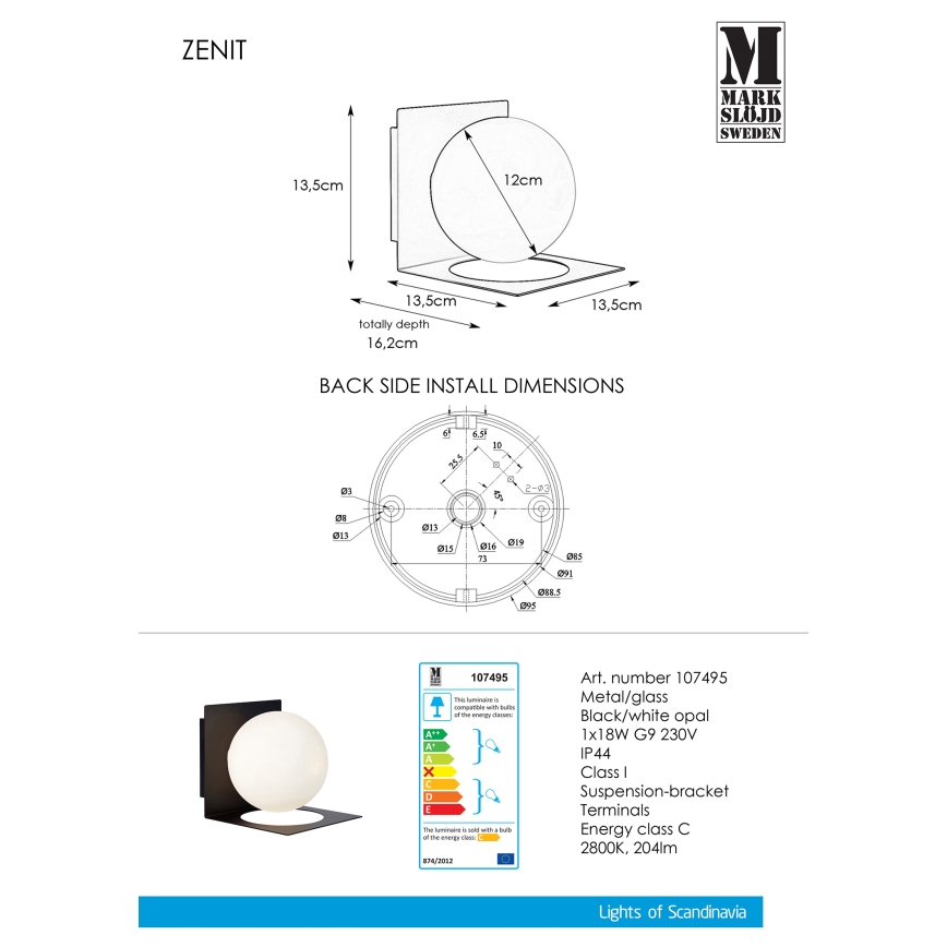 Markslöjd 107495 - Luz de parede para casa de banho ZENIT 1xG9/18W/230V IP44