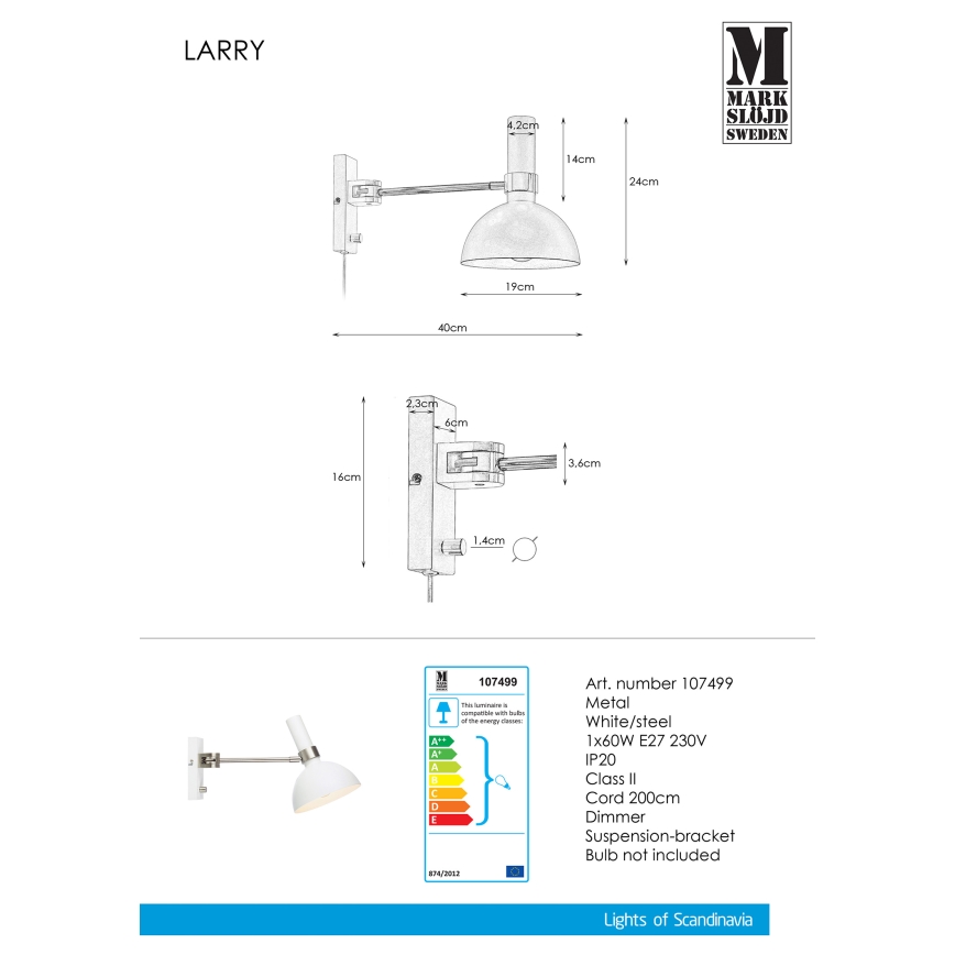 Markslöjd 107499 - Luz da parede com regulação LARRY 1xE27/60W/230V