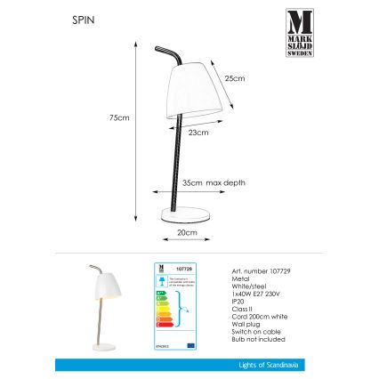 Markslöjd 107729 - Lâmpada de mesa SPIN 1xE27/40W/230V