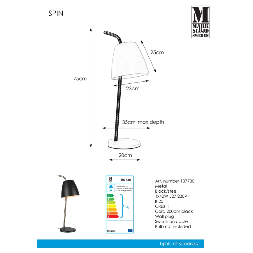 Markslöjd 107730 - Lâmpada de mesa SPIN 1xE27/40W/230V
