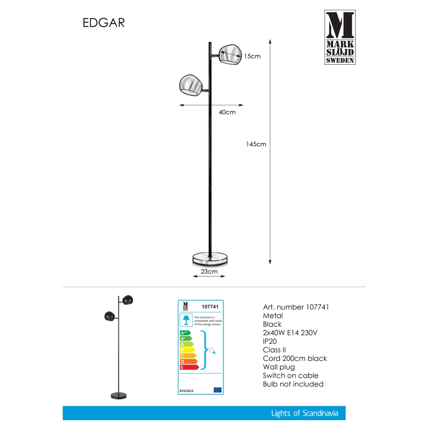 Markslöjd 107741 - Luminária de piso EDGAR 2xE14/40W/230V