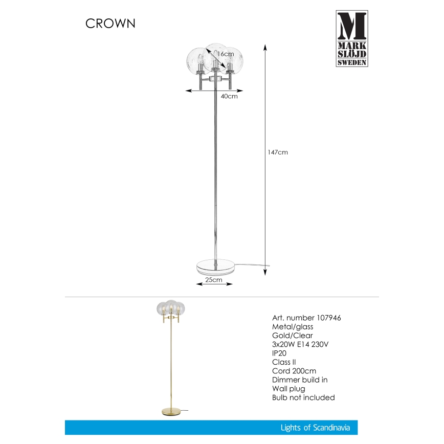 Markslöjd 107946 - Luminária de piso CROWN 3xE14/20W/230V