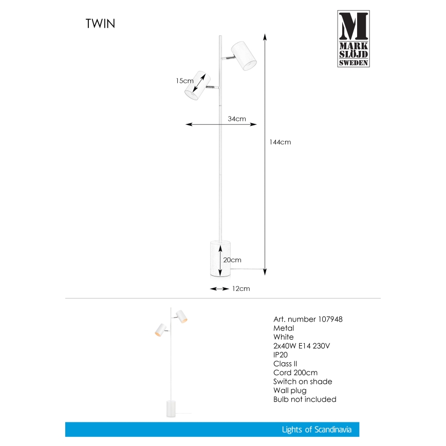 Markslöjd 107948 - Luminária de piso TWIN 2xE14/40W/230V