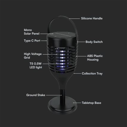 Mata-Insetos solar 3em1 LED/1,3W/3,7V IP24 20 mate