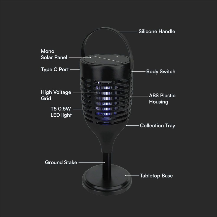 Mata-Insetos solar 3em1 LED/1,3W/3,7V IP24 20 mate