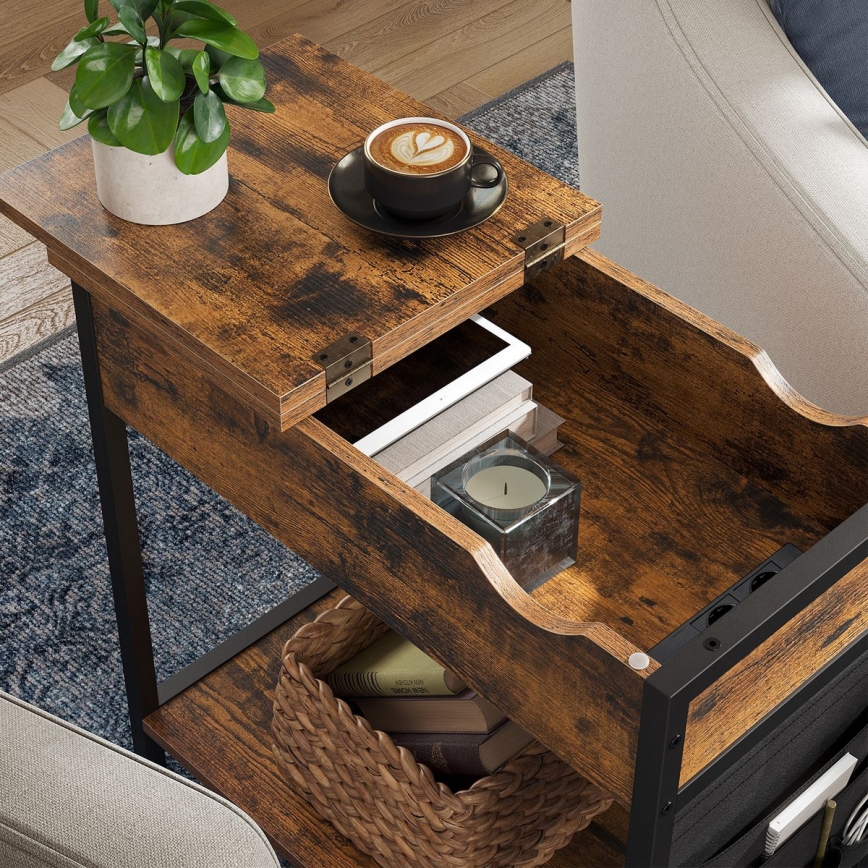 Mesa de apoio com tomadas integradas e portas USB ELDUR castanho/preto