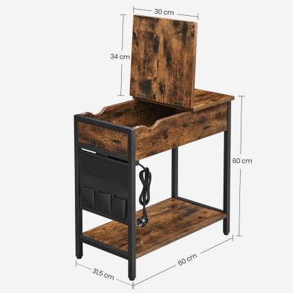Mesa de apoio com tomadas integradas e portas USB ELDUR castanho/preto