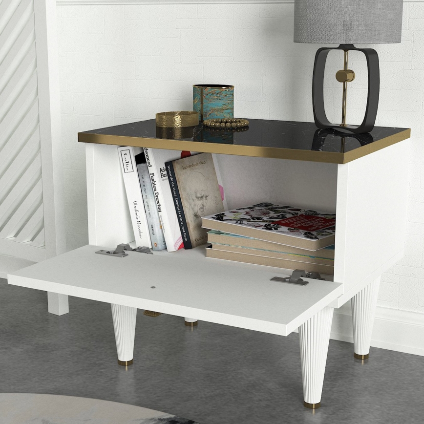 Mesa de cabeceira RAVENNA 47,2x50 cm branca/preta/dourada