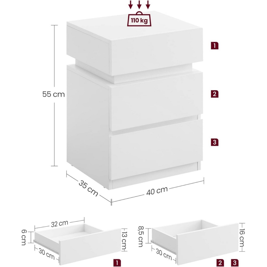 Mesa de cabeceira SMARTIE com iluminação integrada, branca