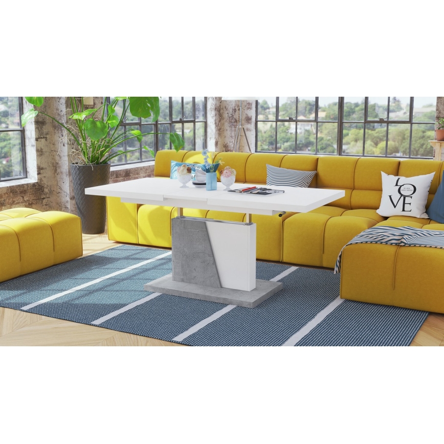 Mesa de café/jantar dobrável com tampo elevatório NINO branco/cinzento betão