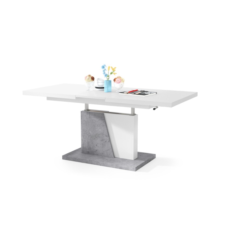 Mesa de café/jantar dobrável com tampo elevatório NINO branco/cinzento betão