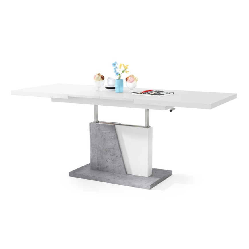 Mesa de café/jantar dobrável com tampo elevatório NINO branco/cinzento betão