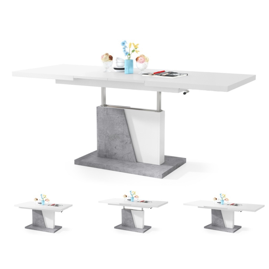 Mesa de café/jantar dobrável com tampo elevatório NINO branco/cinzento betão