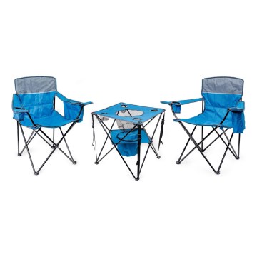 Mesa de campismo dobrável + 2x cadeiras azul