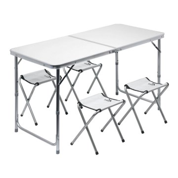 Mesa de campismo dobrável + 4x cadeiras branco/cromado mate
