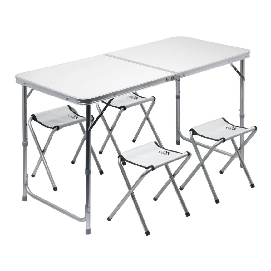 Mesa de campismo dobrável + 4x cadeiras branco/cromado mate