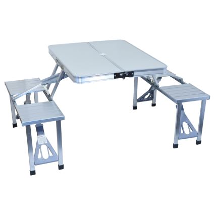 Mesa de campismo dobrável com cadeiras branco/cromado mate