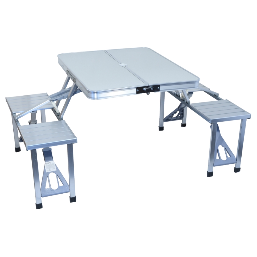 Mesa de campismo dobrável com cadeiras branco/cromado mate