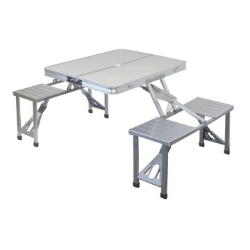 Mesa de campismo dobrável com cadeiras branco/cromado mate