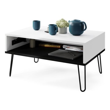 Mesa de centro com tampo elevatório e prateleira HALIJA branco/preto
