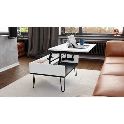 Mesa de centro com tampo elevatório e prateleira HALIJA branco/preto