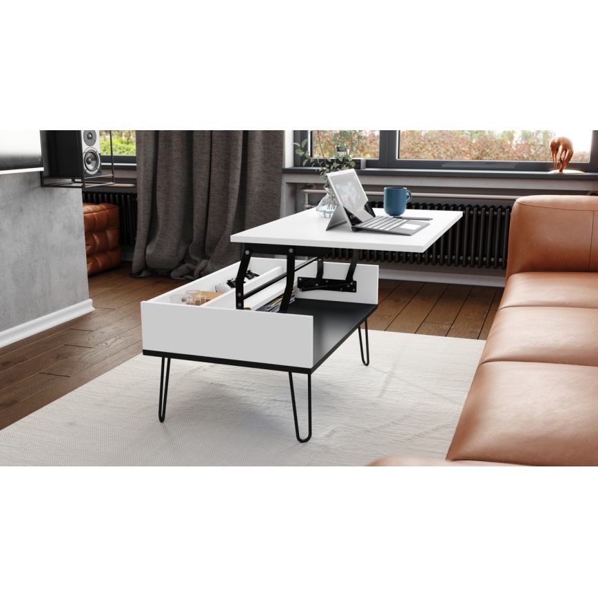 Mesa de centro com tampo elevatório e prateleira HALIJA branco/preto