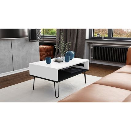 Mesa de centro com tampo elevatório e prateleira HALIJA branco/preto
