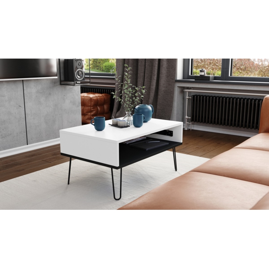 Mesa de centro com tampo elevatório e prateleira HALIJA branco/preto