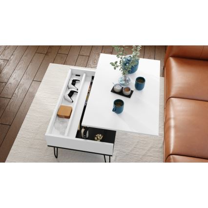 Mesa de centro com tampo elevatório e prateleira HALIJA branco/preto