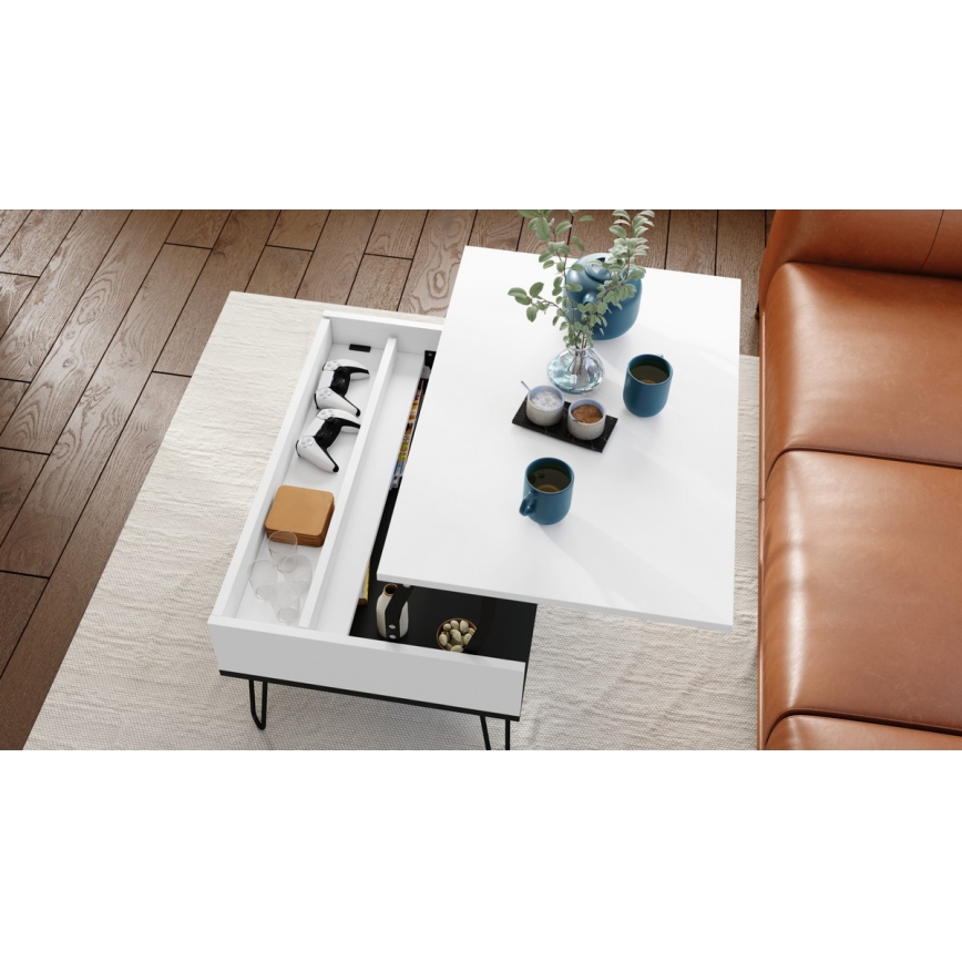Mesa de centro com tampo elevatório e prateleira HALIJA branco/preto