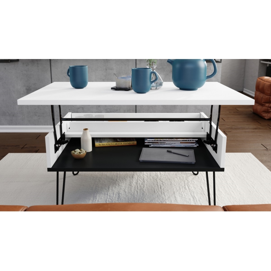 Mesa de centro com tampo elevatório e prateleira HALIJA branco/preto