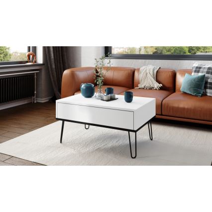 Mesa de centro com tampo elevatório e prateleira HALIJA branco/preto