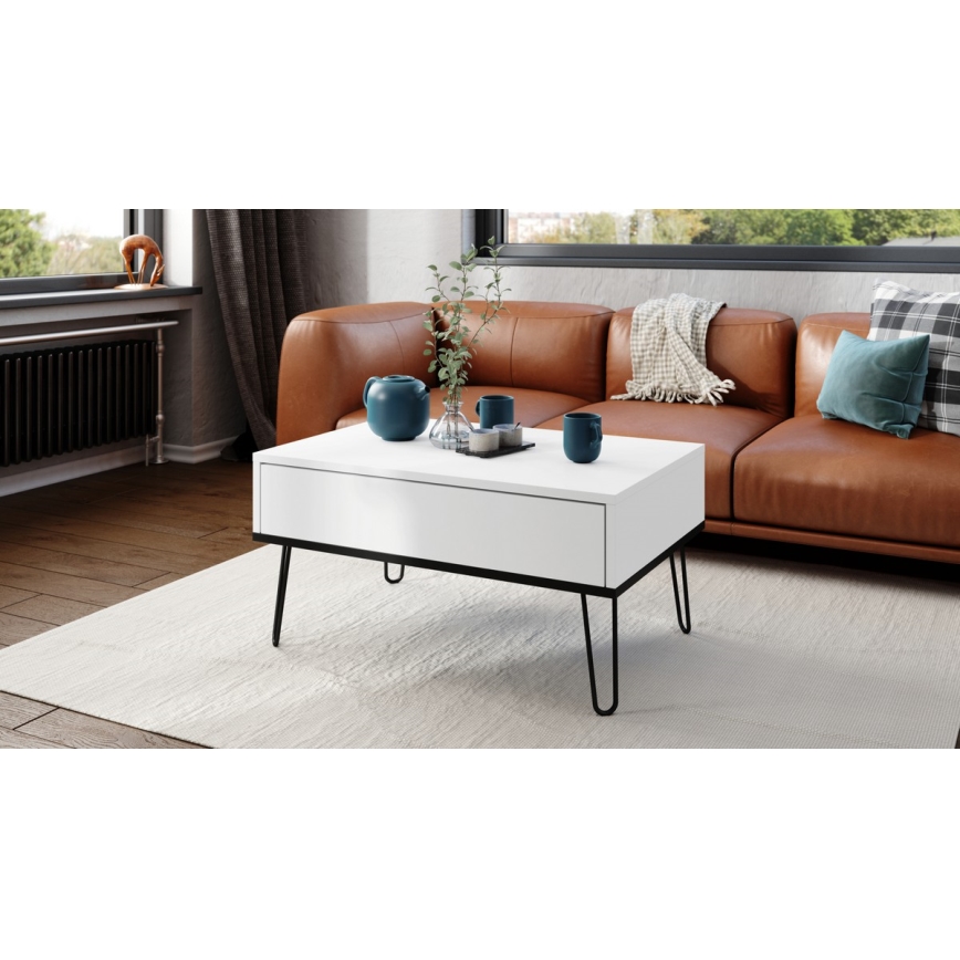 Mesa de centro com tampo elevatório e prateleira HALIJA branco/preto