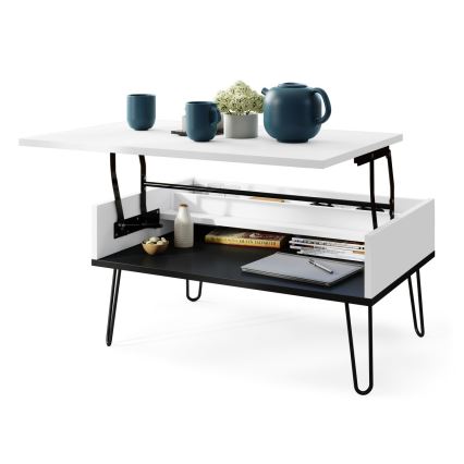 Mesa de centro com tampo elevatório e prateleira HALIJA branco/preto