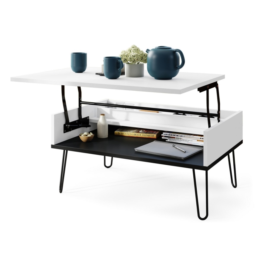 Mesa de centro com tampo elevatório e prateleira HALIJA branco/preto