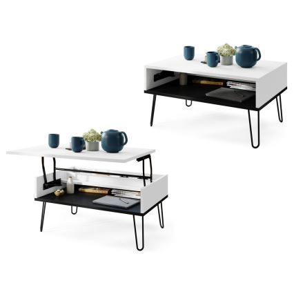 Mesa de centro com tampo elevatório e prateleira HALIJA branco/preto
